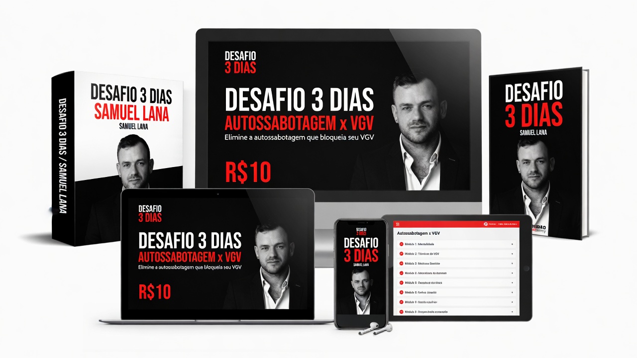 Mockup completo: desktop, notebook, tablet, celular e materiais do Desafio 3 Dias